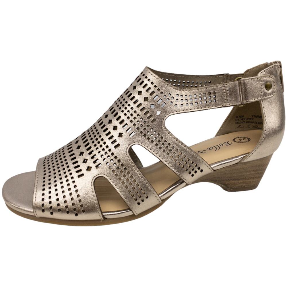 Bella Vita Quinby Champagne Gold Leather Open Toe Wedge Sandal Women's 7WW